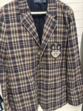 Polo by Ralph Lauren Navy Cream Plaid Blazer with Crest Patch